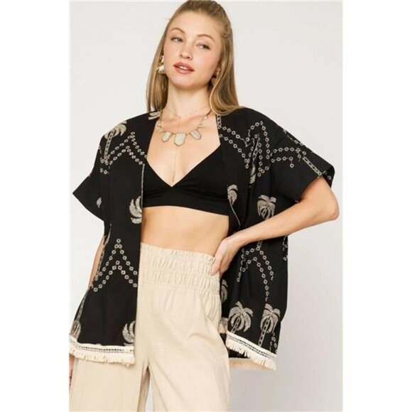 Umgee Open Front Embroidered Fringe Kimono - Picture 1 of 3
